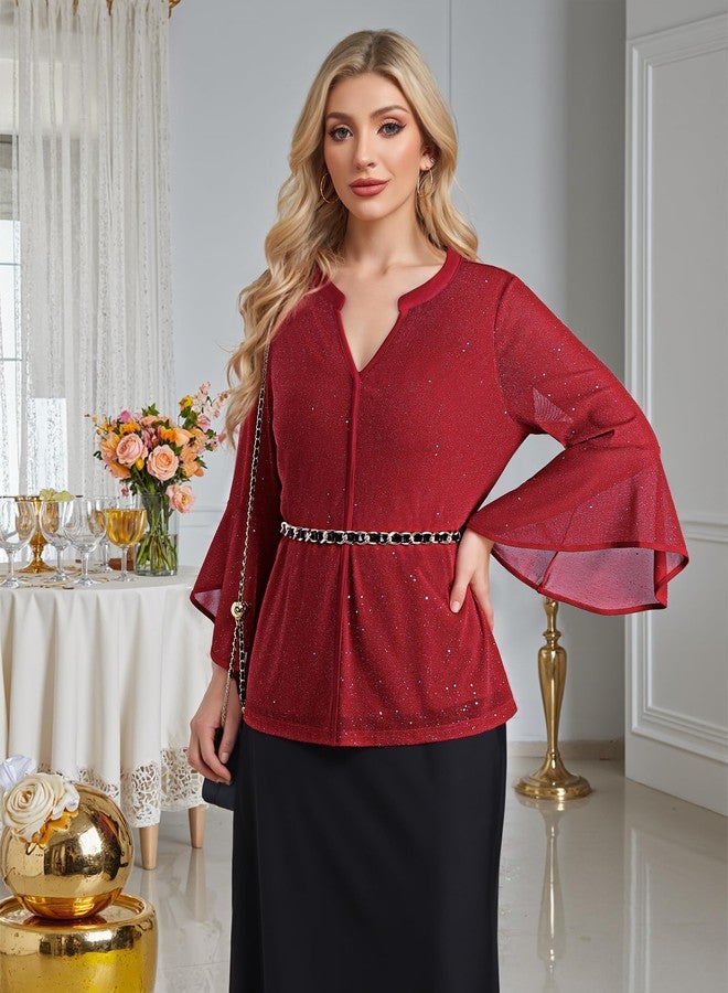 VALOLIA Dressy Tops For Women Night Out, Womens Fancy Blouses And Tops Dressy Casual Long Sleeve Evening Blouses For Women Elegant Classy Vintage Festival Tunic Shirts Sparkly Red X-Large - Image 4